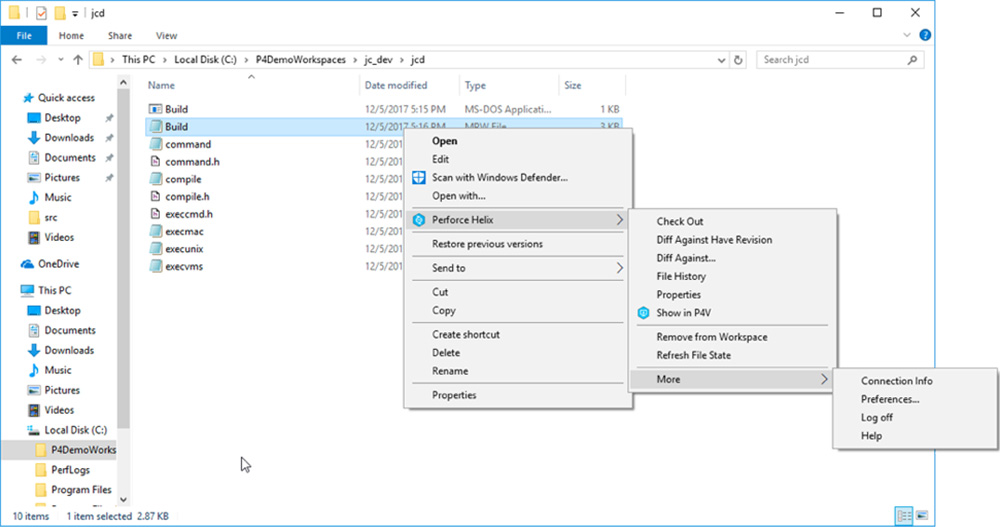 Perforce Helix Core plugin for Windows File Explorer screenshot.