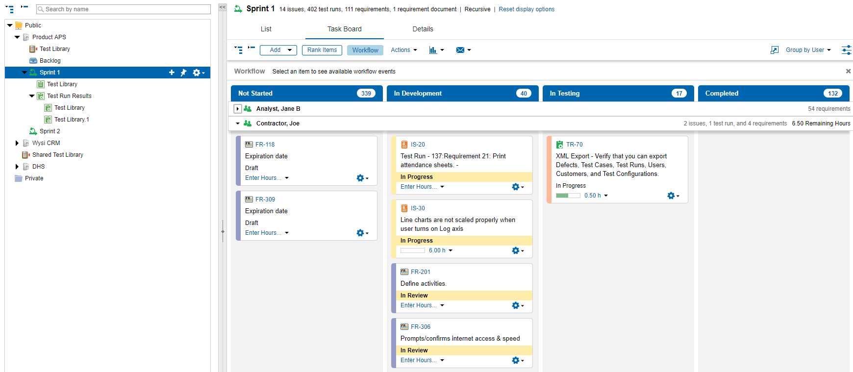 Example of Agile task board in Perforce ALM.